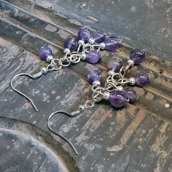 Handcrafted Amethyst Purple Gemstone Bead Dangle Silver Platinum Plated Earrings - Picture 1 of 10